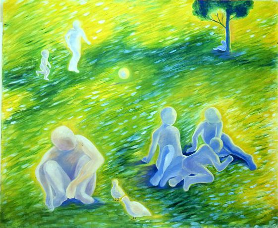 Stylized scene of people sitting and walking in a bright green park under a tree