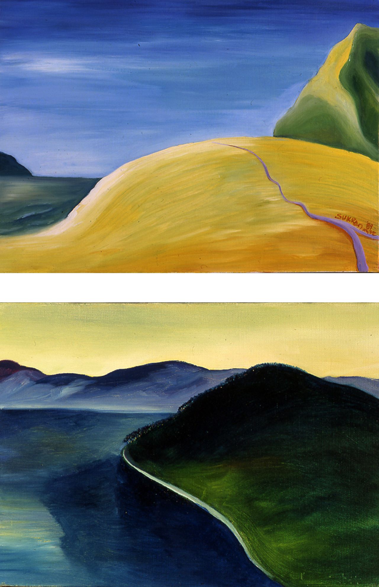 Two similar landscape paintings of green mountains, blue water, and a yellow hill under a blue sky.