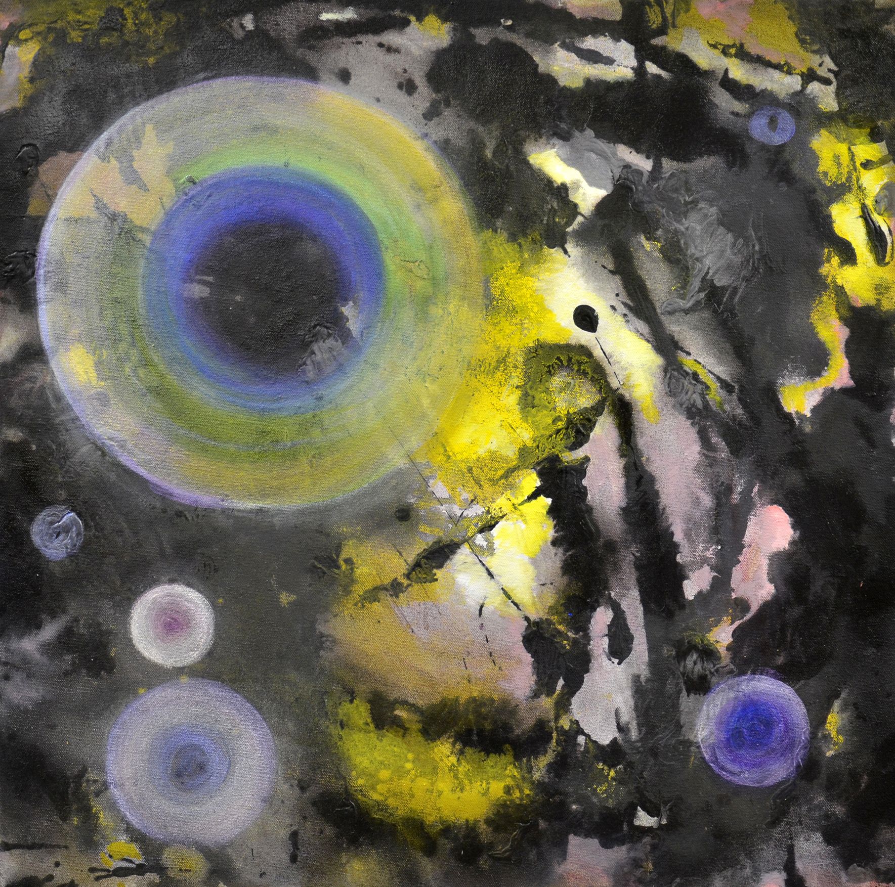 Abstract painting with large glowing blue-green circle, yellow-gray background, and three small purple-white orbs