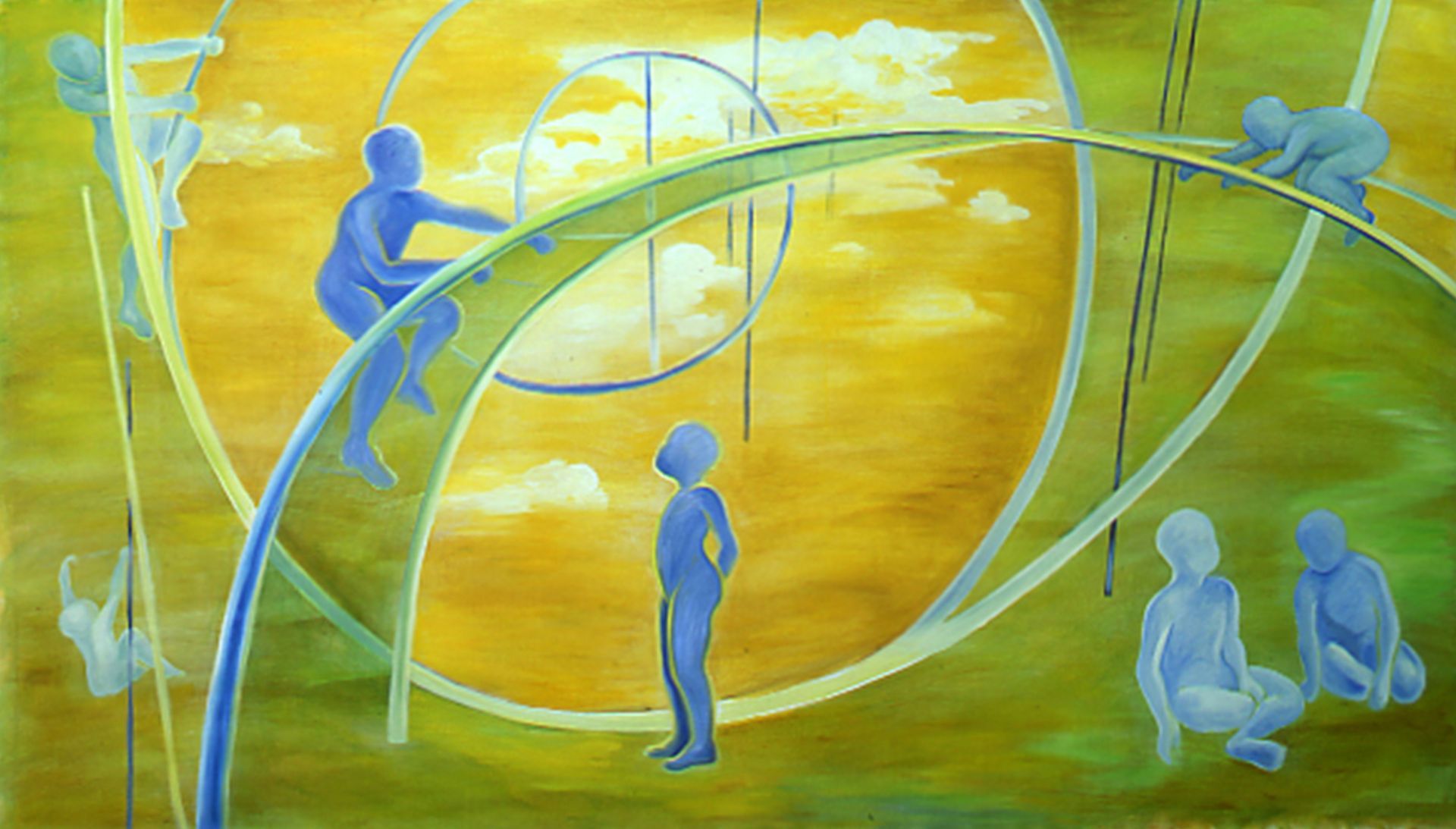 Blue figures on a yellow background interact with sweeping white arcs and loops in an abstract scene.