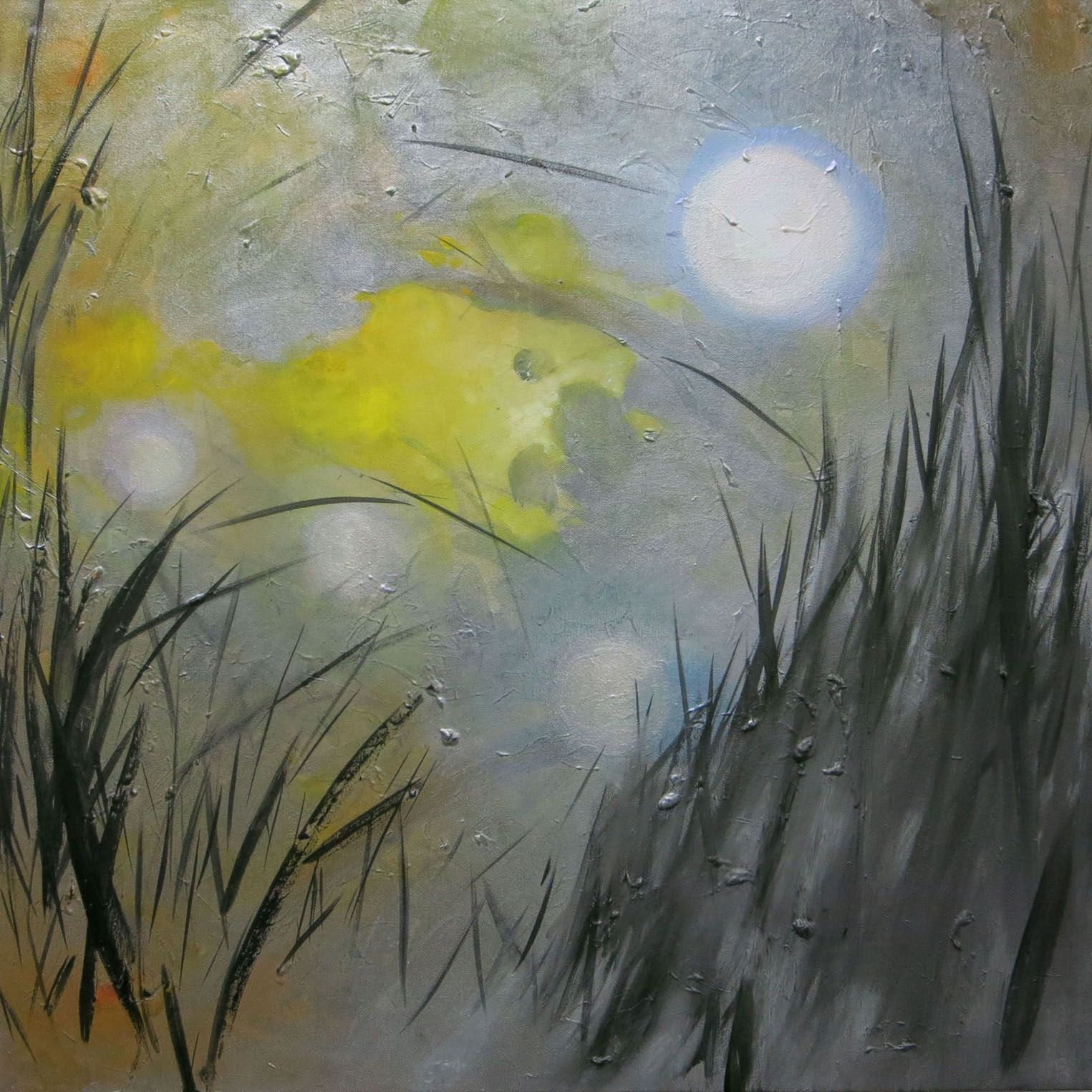 Abstract watercolor scene of tall grass and a yellow butterfly in moonlight