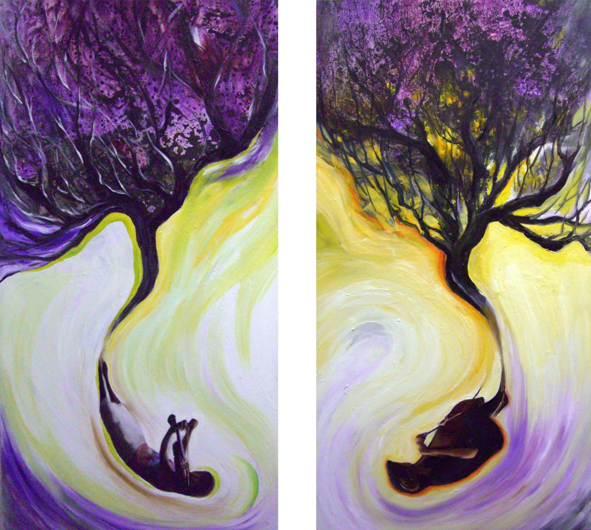 Two abstract paintings of dark trees over a glowing yellow-white background, with a small figure below each tree
