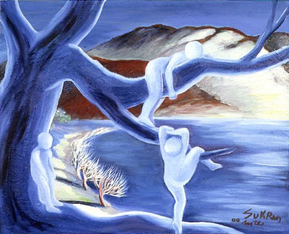 Blue-toned abstract scene with bare tree branches framing a snowy landscape and distant mountains.