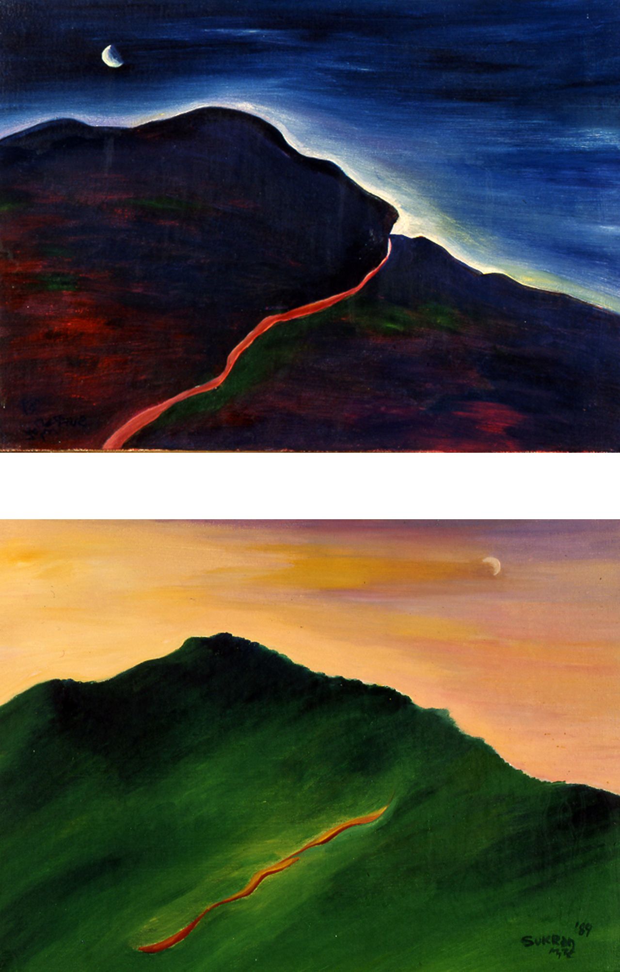 Two mountain landscape paintings, one dark night scene and one warm sunset scene, each with a red-lit path
