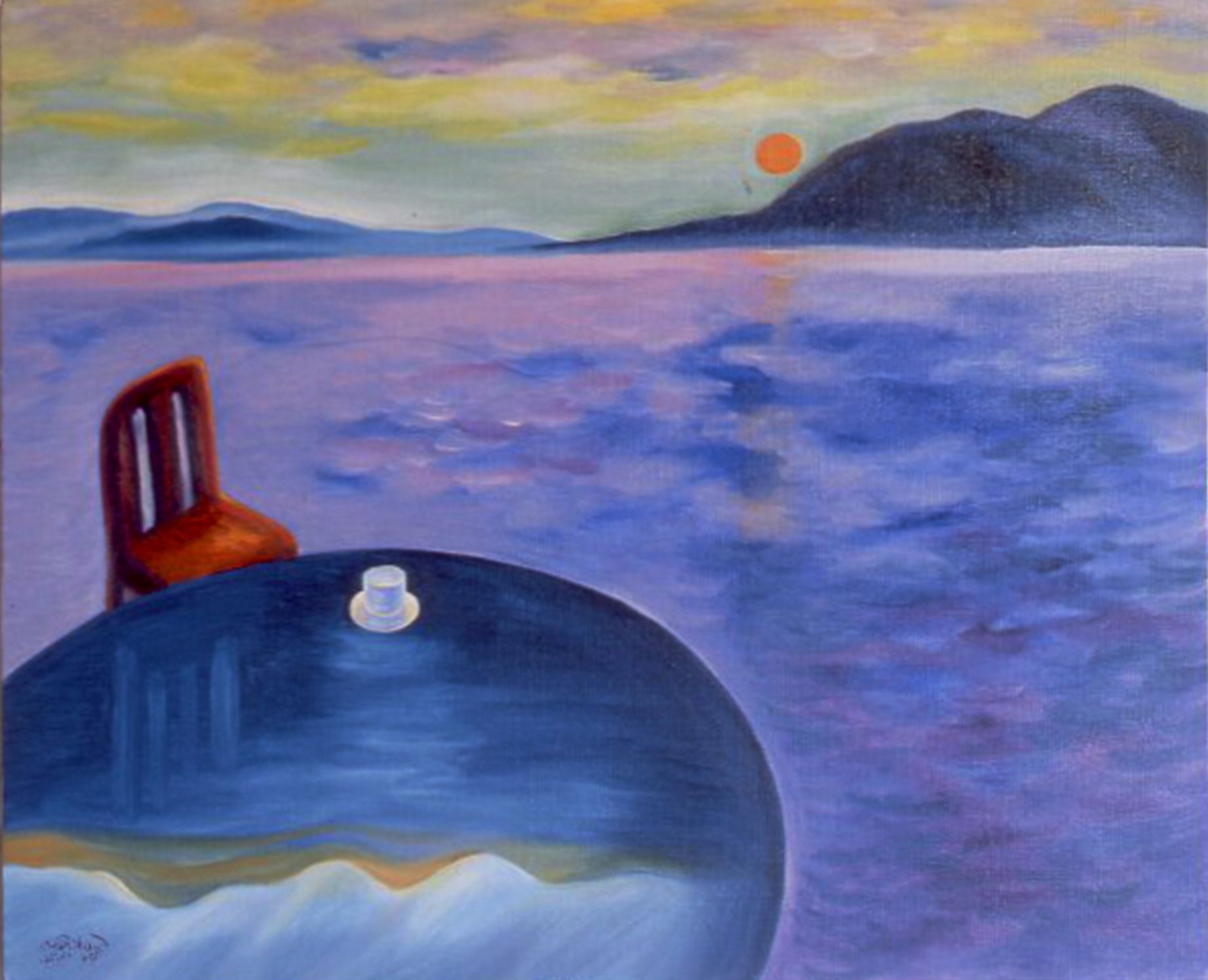 Still life with a blue table, red chair, and small white cup before a calm purple seascape at sunset