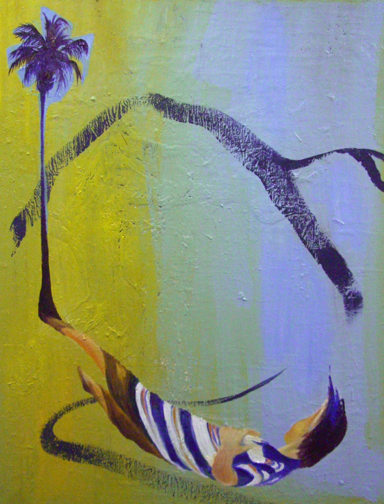 Abstract fish painting with yellow-green background, purple accents, and a striped fish swimming upward