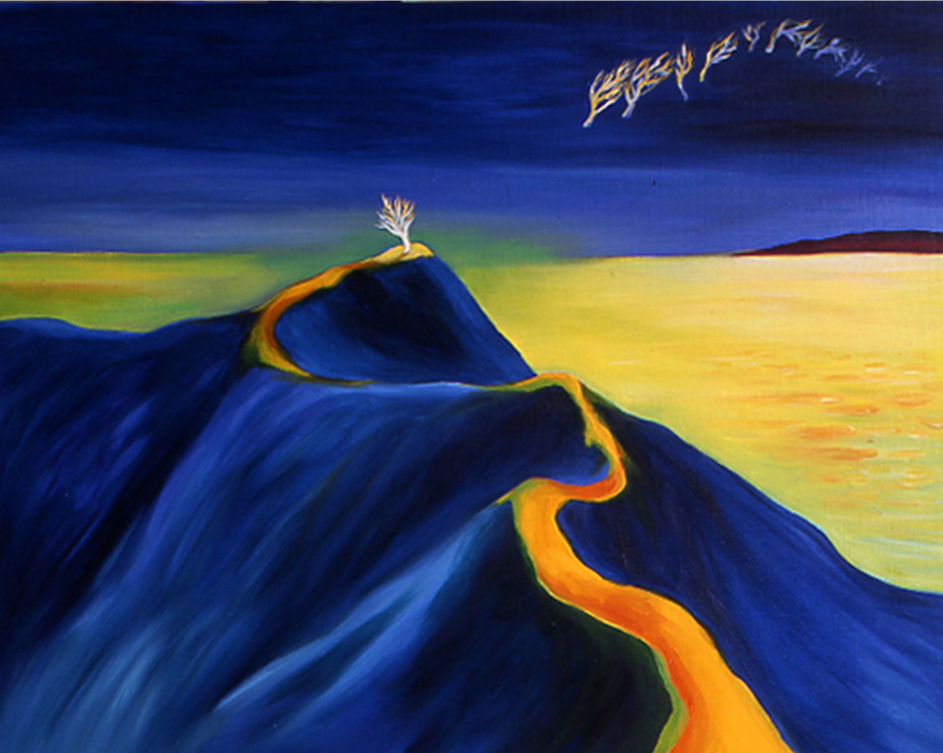 Abstract landscape with blue mountains, a glowing orange river, and a yellow sky at sunset
