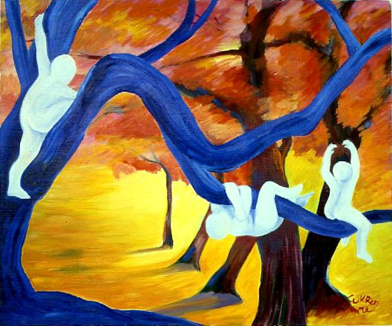 Blue-clad figures swinging on tree branches at sunset in a fiery orange and yellow landscape