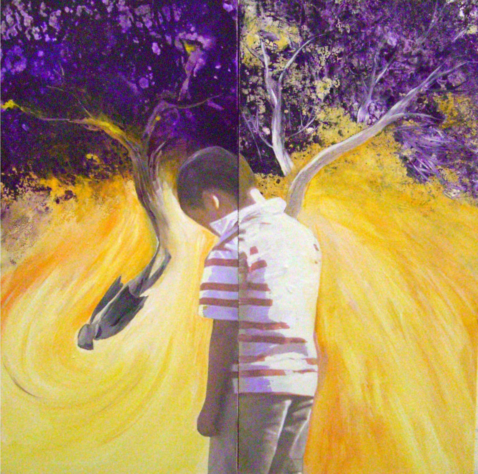 Child in striped shirt under a purple tree, standing in a golden field with a black bird nearby.
