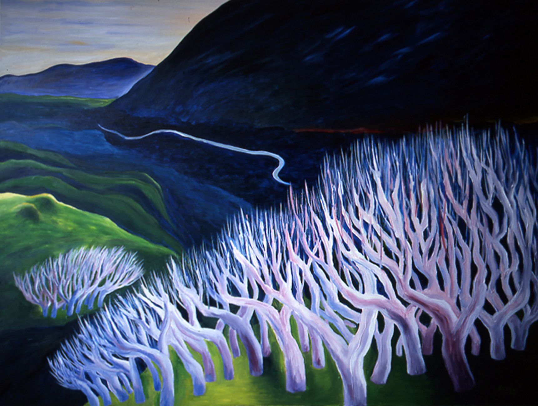 White coral-like branches on a green hillside beneath a dark mountain and winding road at dusk