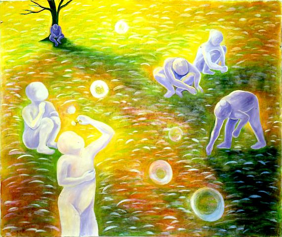 Several white figures crouch and reach across a bright yellow-green abstract field with glowing circles.