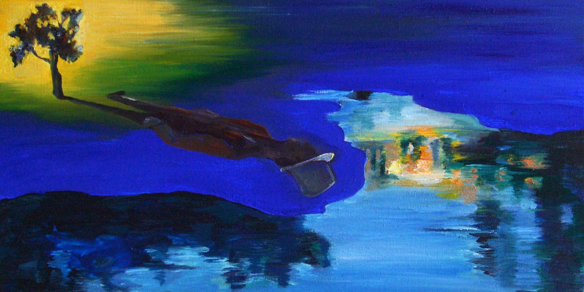 Surreal landscape with a lone tree on a cliff over blue water at sunset, with glowing light in the distance