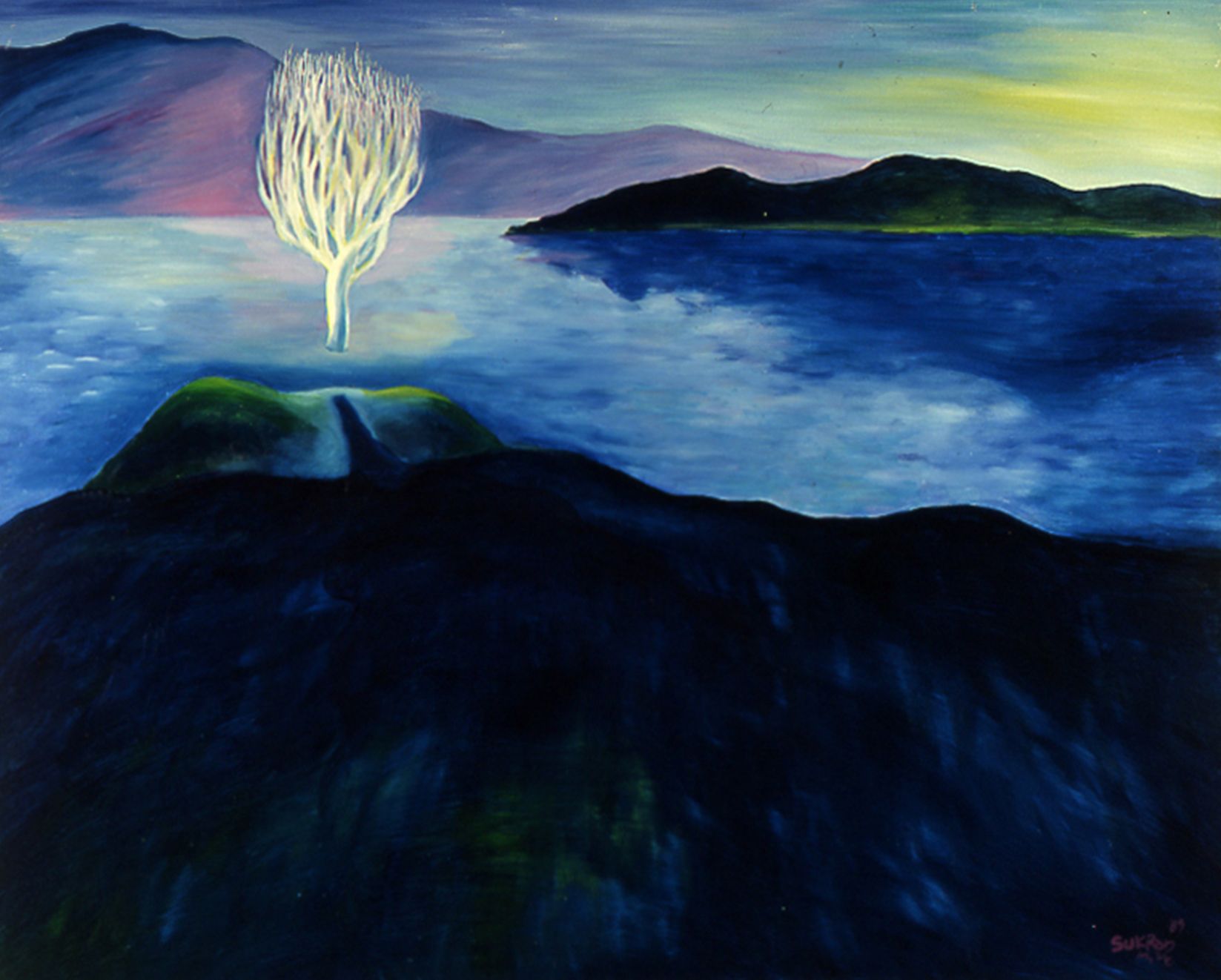 Abstract seascape at dusk with dark hills, blue water, and a glowing white tree on a distant island
