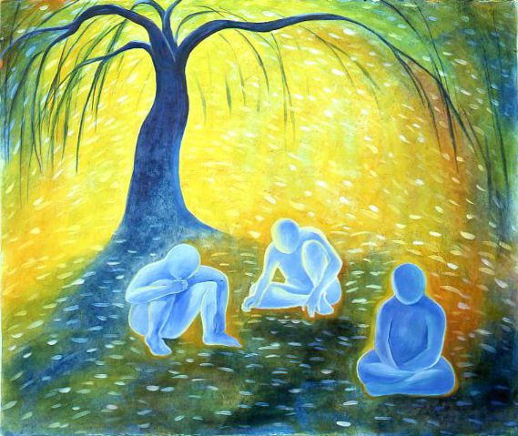 Three blue figures sitting under a tree in a glowing yellow-green grove.