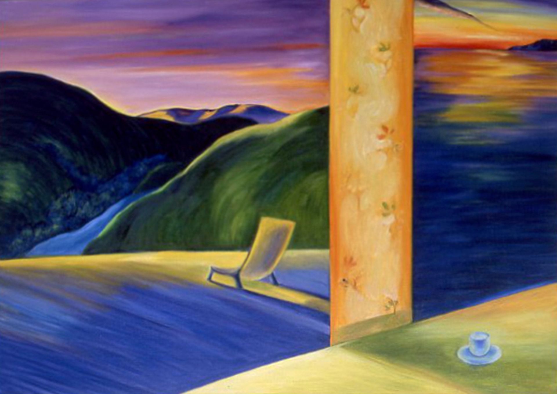 Abstract landscape at sunset with rolling green hills, a chair, a tall orange pillar, and a small cup on a ledge.