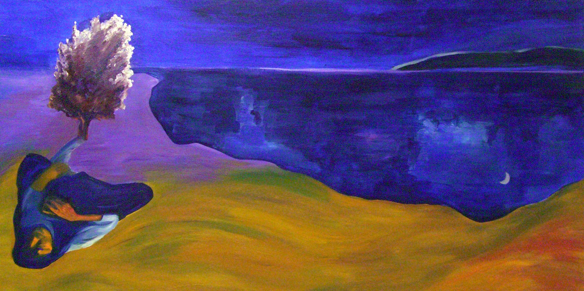 Abstract blue-and-gold landscape with a lone tree and a dark floating cloud