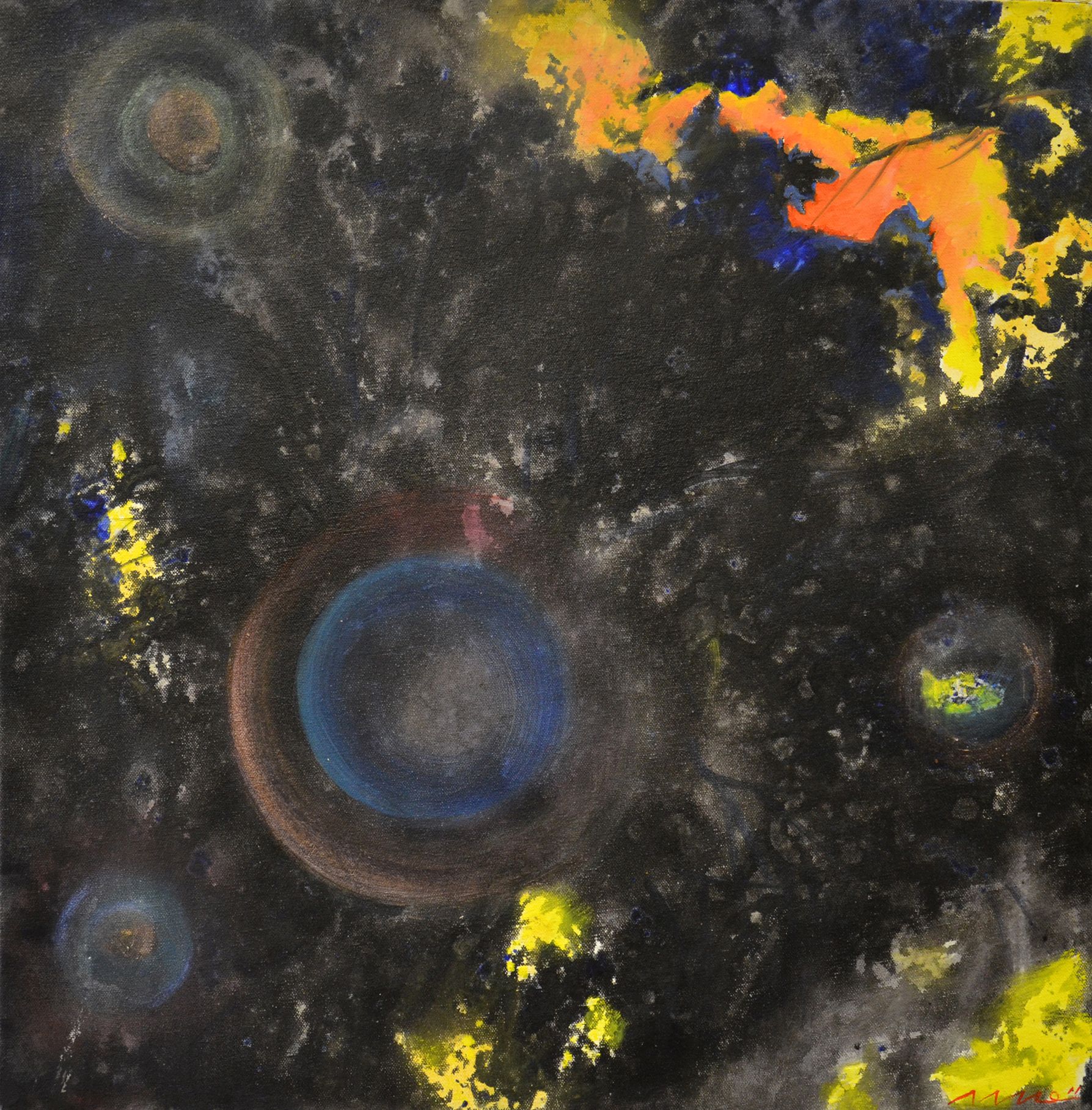 Abstract dark painting with glowing blue, yellow, and orange circular and cloud-like shapes