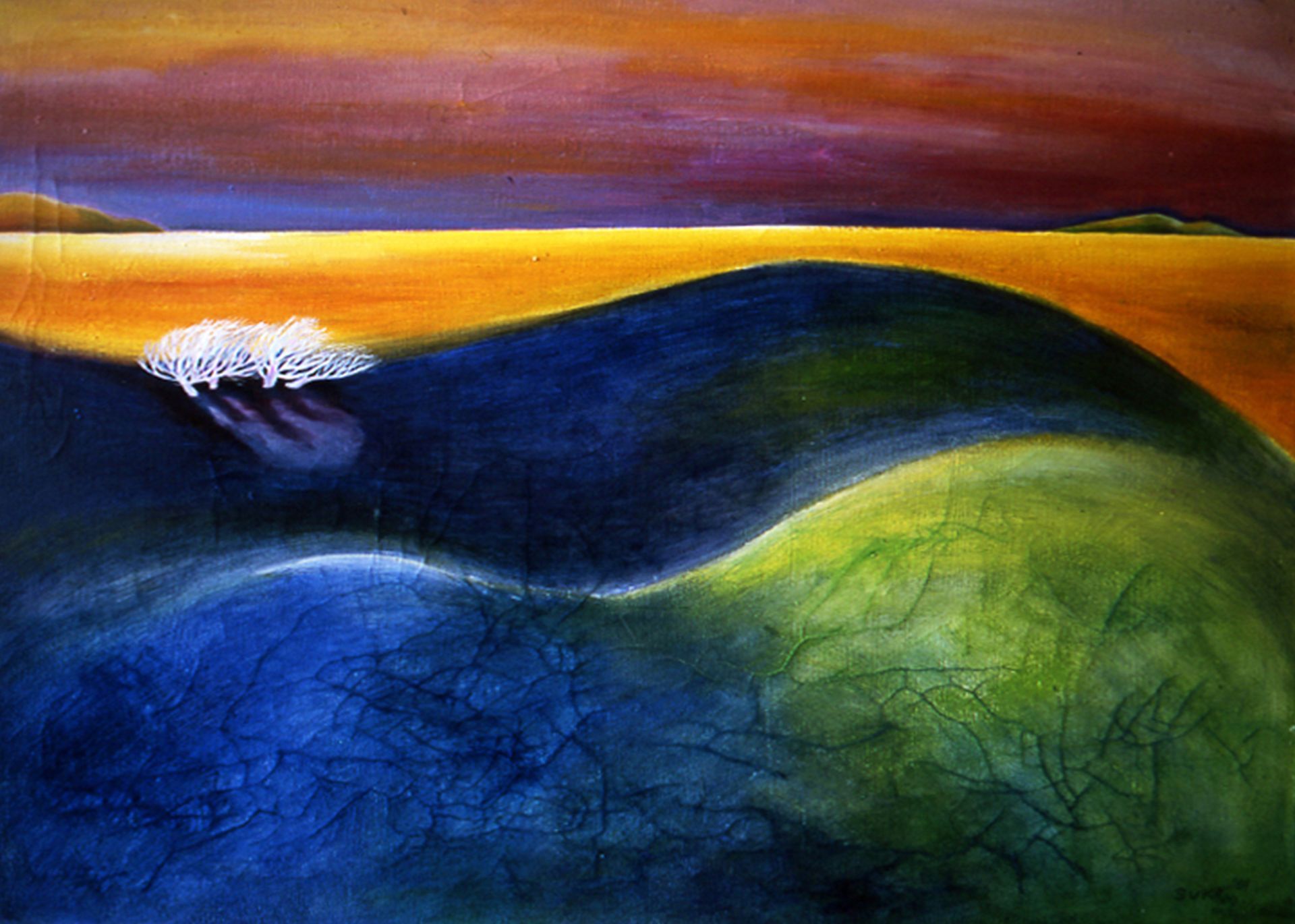 Abstract landscape with dark blue hills, green foreground, orange sky, and a small white cloud