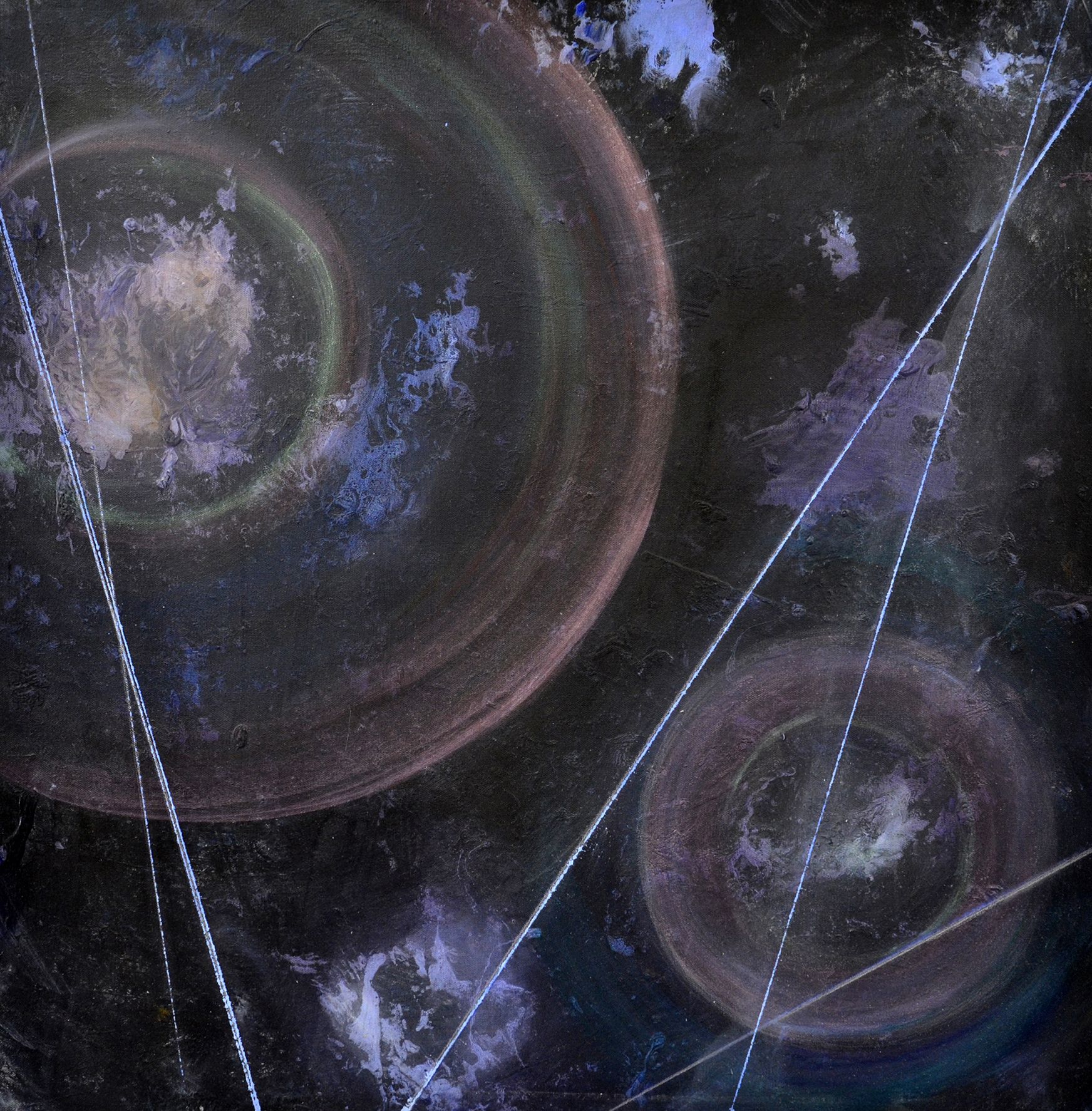 Abstract dark cosmic scene with glowing circular lens flares and diagonal blue streaks