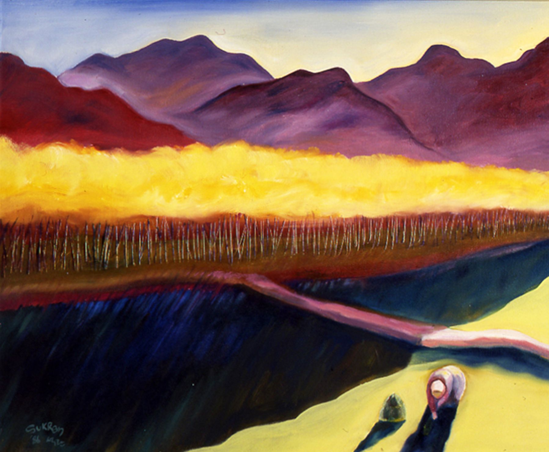 Abstract landscape with purple mountains, a yellow treeline, and a road with two small figures in the foreground