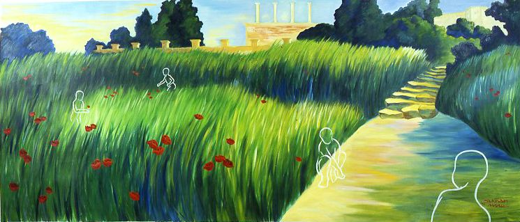 Sunny meadow with tall green grass, red flowers, and a winding path beside a pond