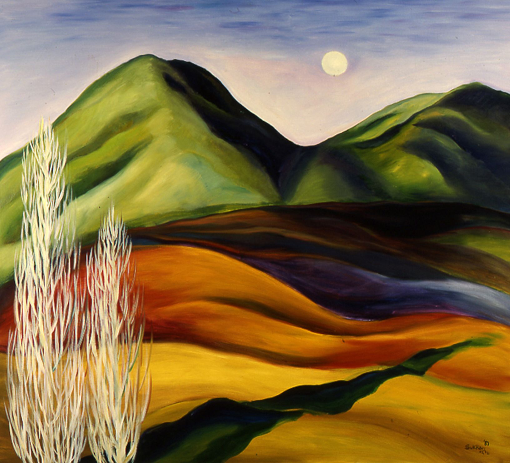 Abstract landscape with green mountains, golden hills, a moon, and a white waterfall