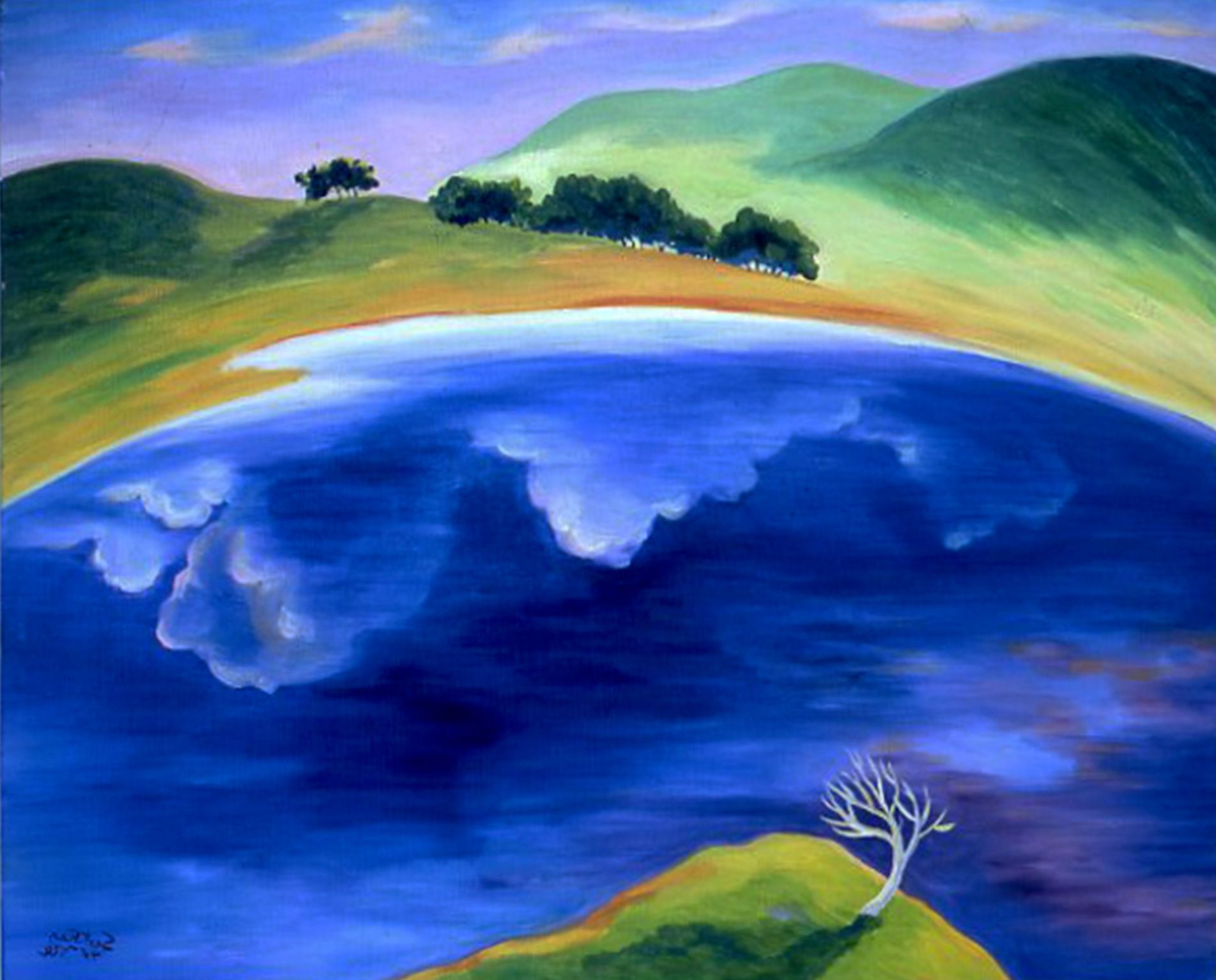 Abstract landscape with a blue lake, green hills, and a small white tree in the foreground