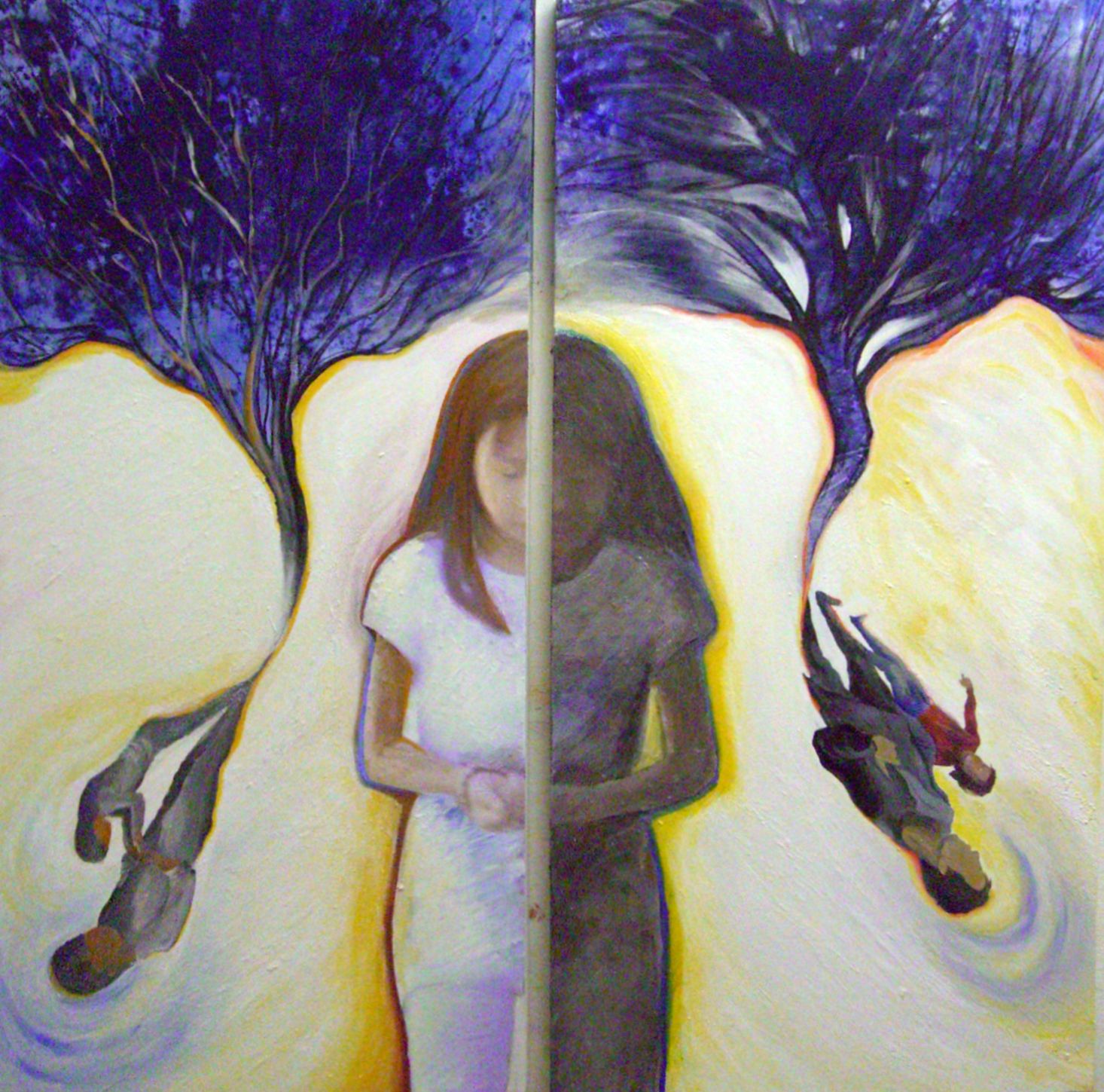Abstract painting of a woman split by a vertical line, with dark trees and surreal, mirrored figures on a yellow background