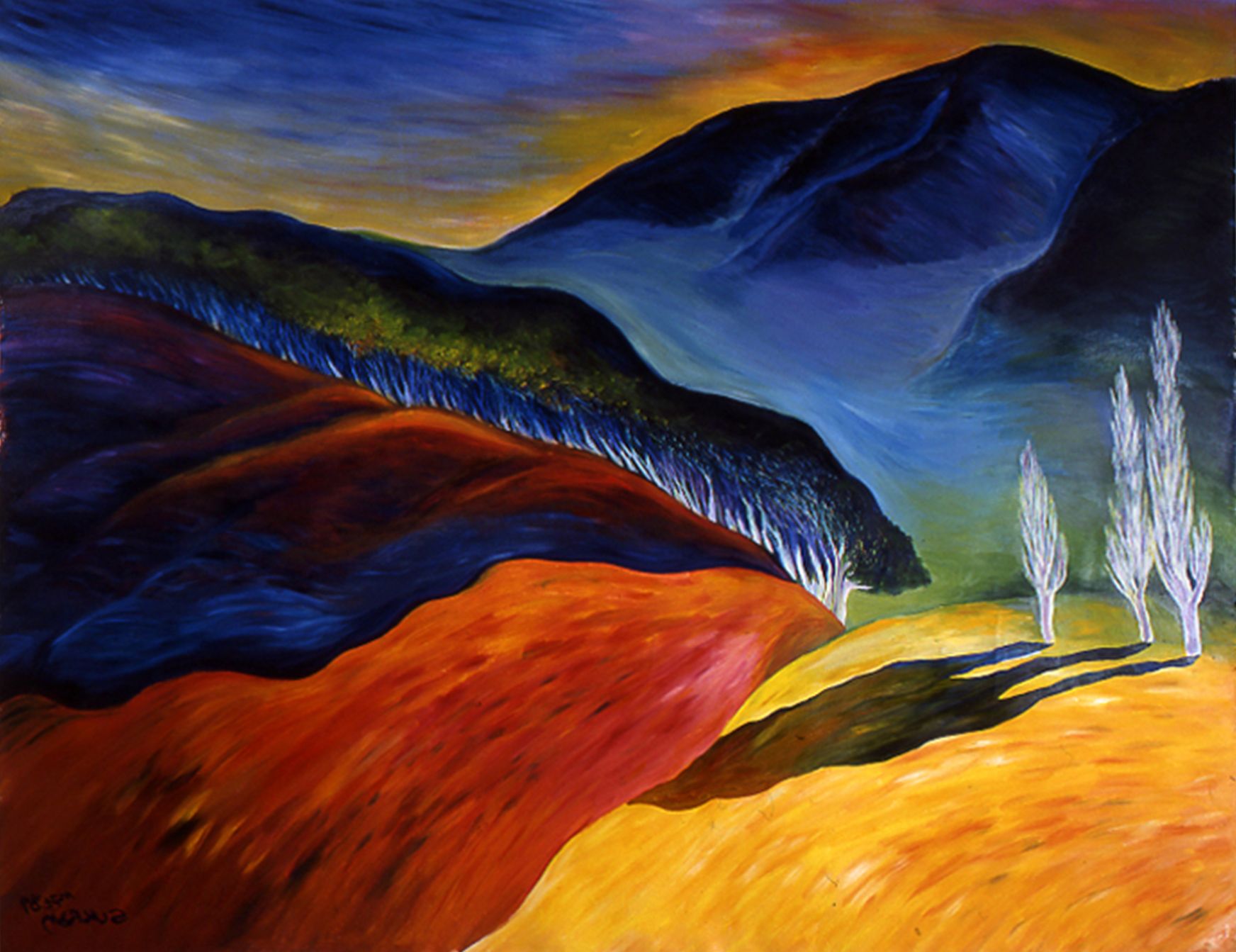 Abstract landscape with blue mountains, red hills, and golden foreground under a moody sky