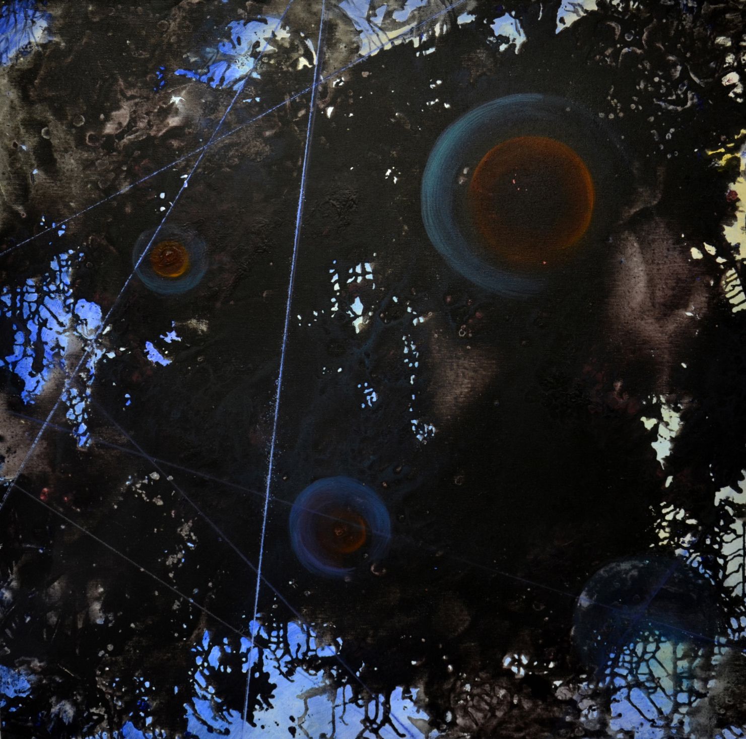 Dark abstract reflection with blue and orange lens flares on a black, leafy background