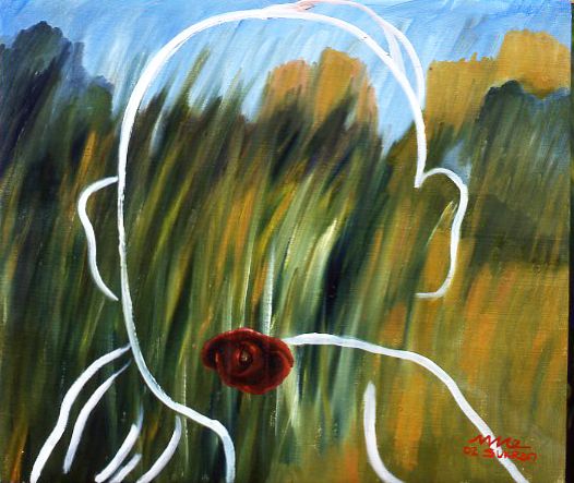 Abstract painting of a white outlined head in a blue-green landscape with a red rose at the mouth