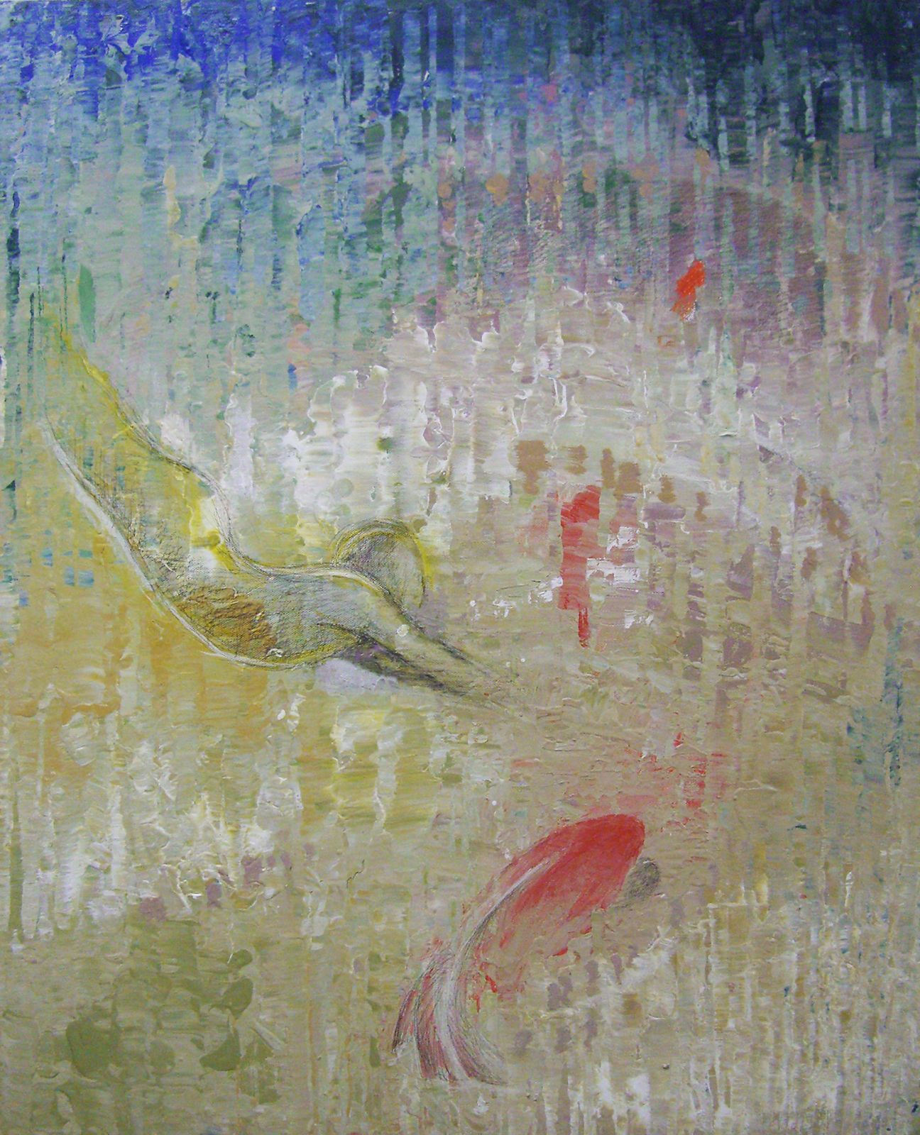 Abstract painting with pale blue, yellow, and red brushstrokes on a textured background