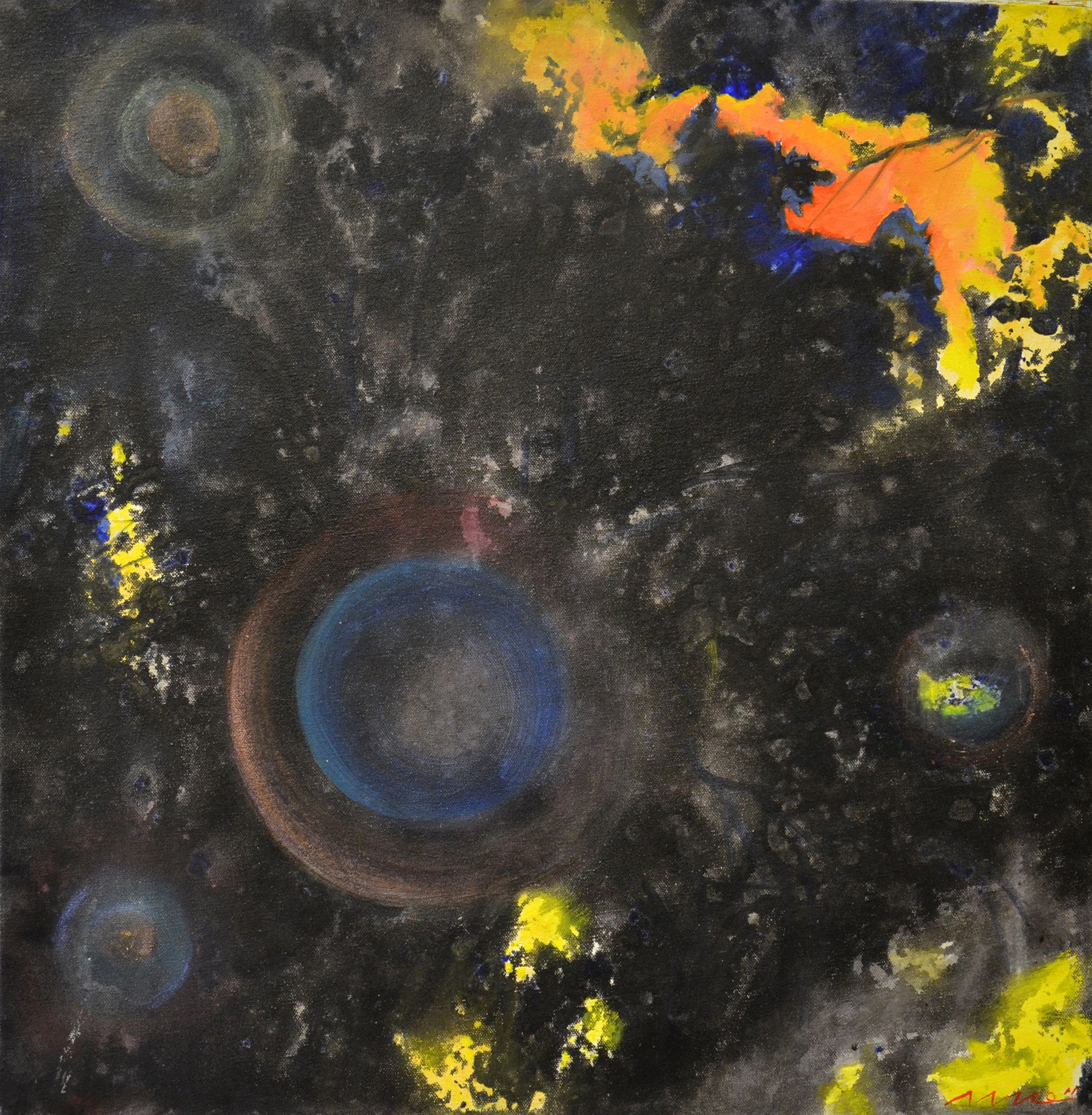 Abstract dark painting with glowing blue circles and splashes of yellow, orange, and gray
