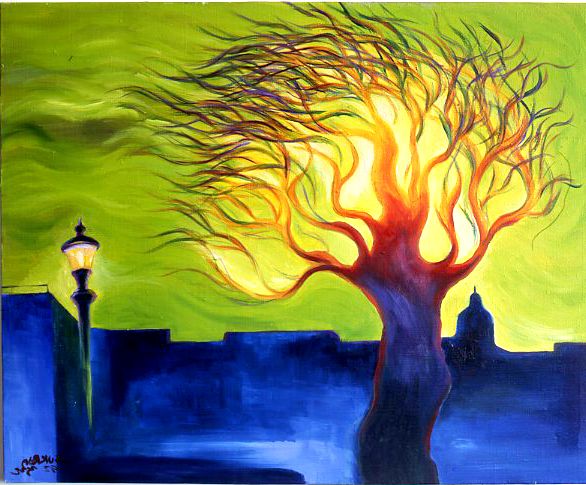 Stylized tree glowing orange at sunset over blue rooftops, with a lone streetlamp and green sky.