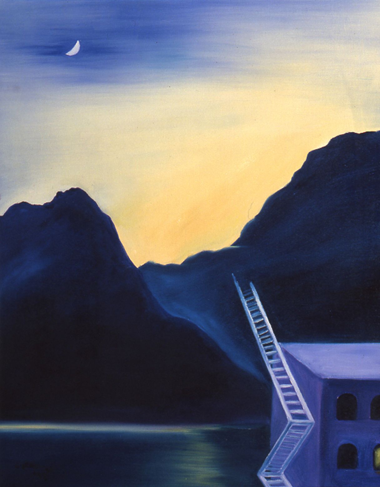 Twilight seascape with dark cliffs, a small moon, and a ladder rising from a building by the water