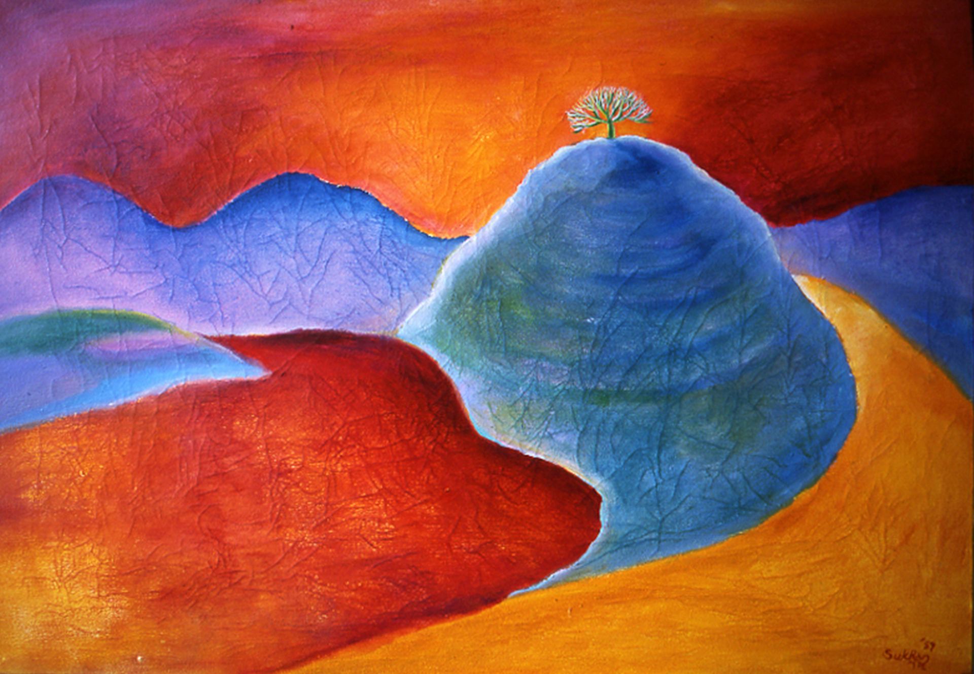 Abstract painting of blue and purple hills against a vivid red-orange sky with a small white blossom atop one hill