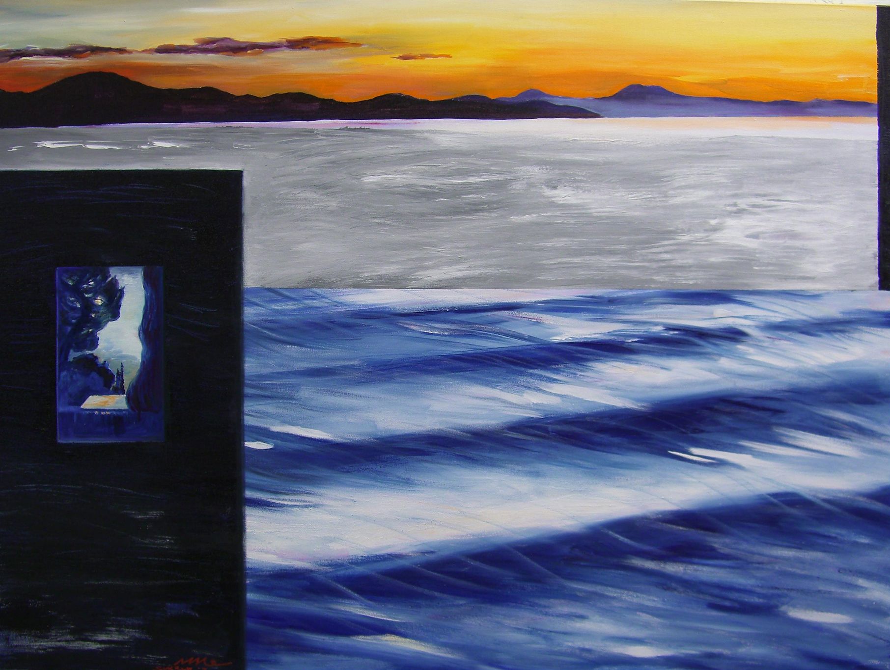 Sunset over a snowy seascape with blue waves and a dark signboard in the foreground