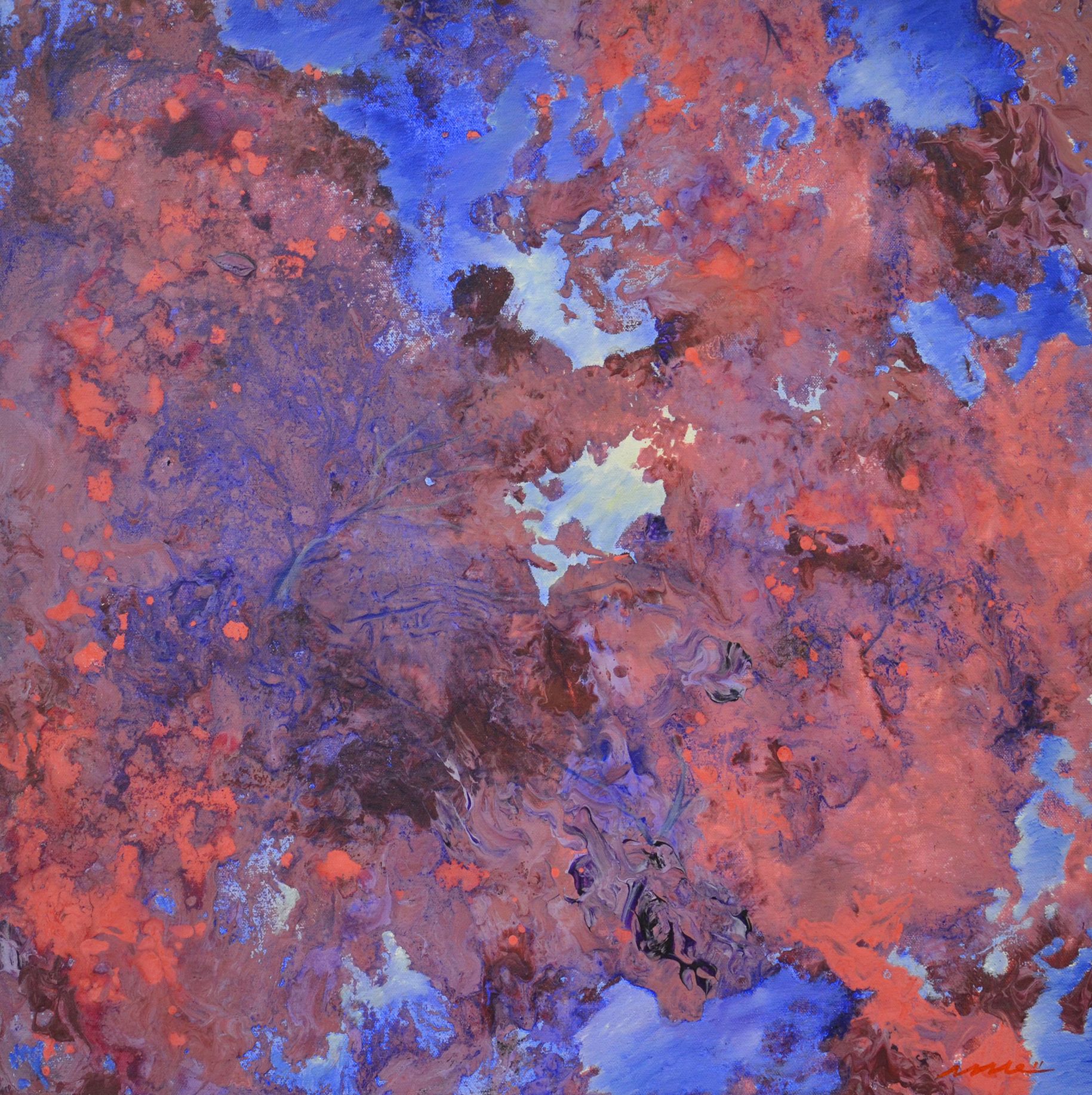 Abstract painting with purple, pink, and blue textures, resembling a cloudy landscape.