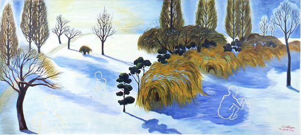 Snowy landscape with bare trees, golden reeds, and a winding blue stream under a pale sky