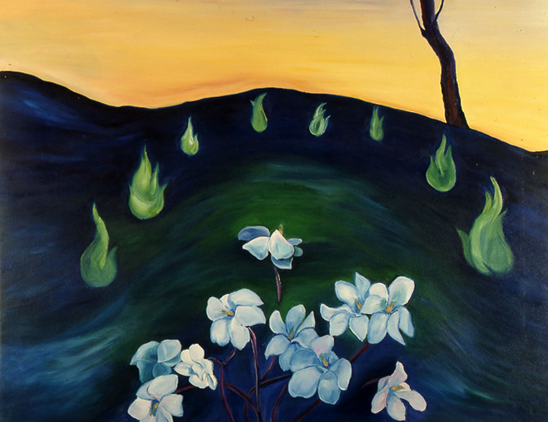 White flowers on a dark hillside with glowing green flames under a warm sunset sky