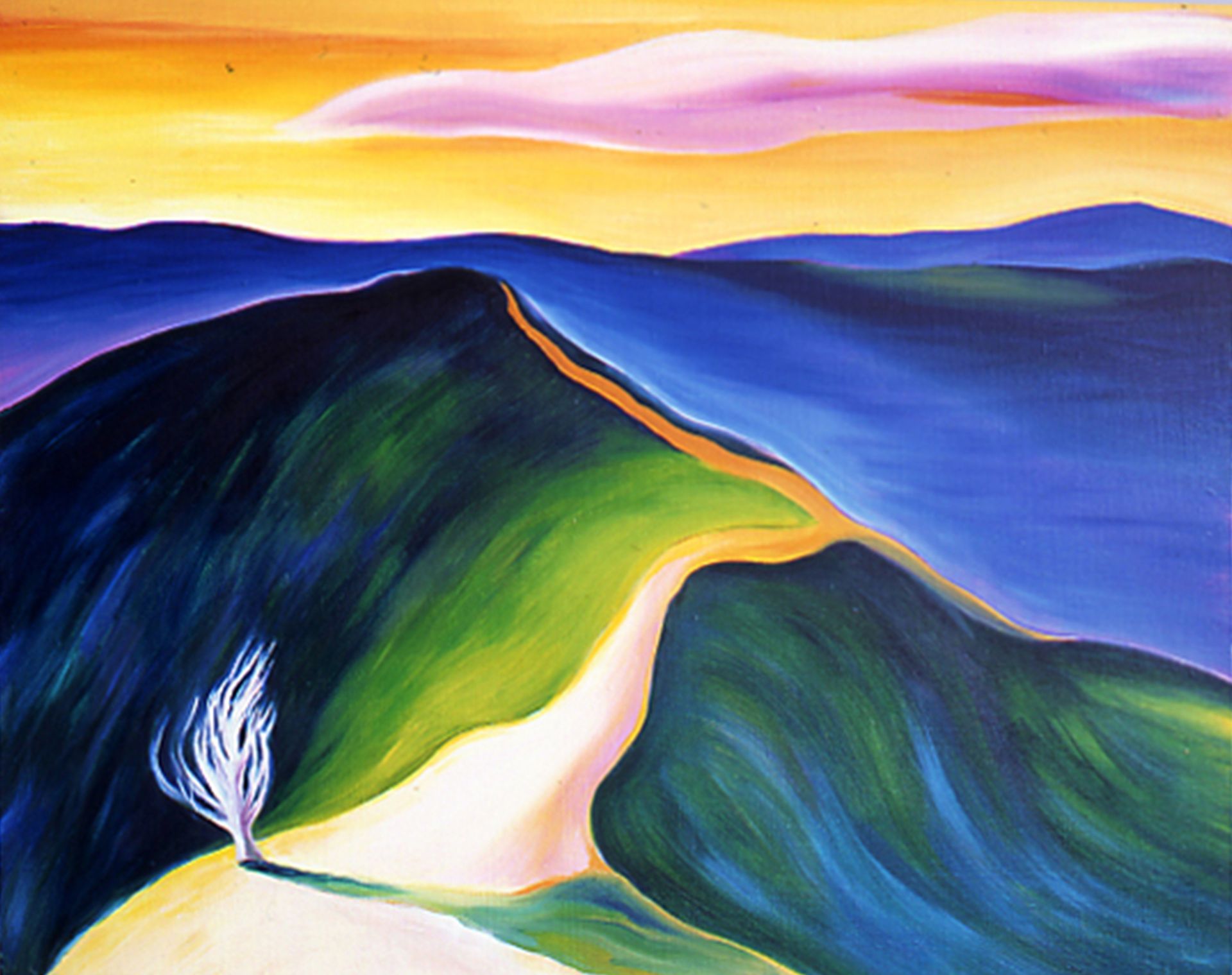 Abstract landscape with layered blue hills, a winding white path, and warm orange sky