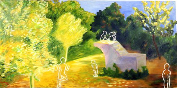 Sunlit park path with trees and shrubs, white outline figures walking and sitting on a bench
