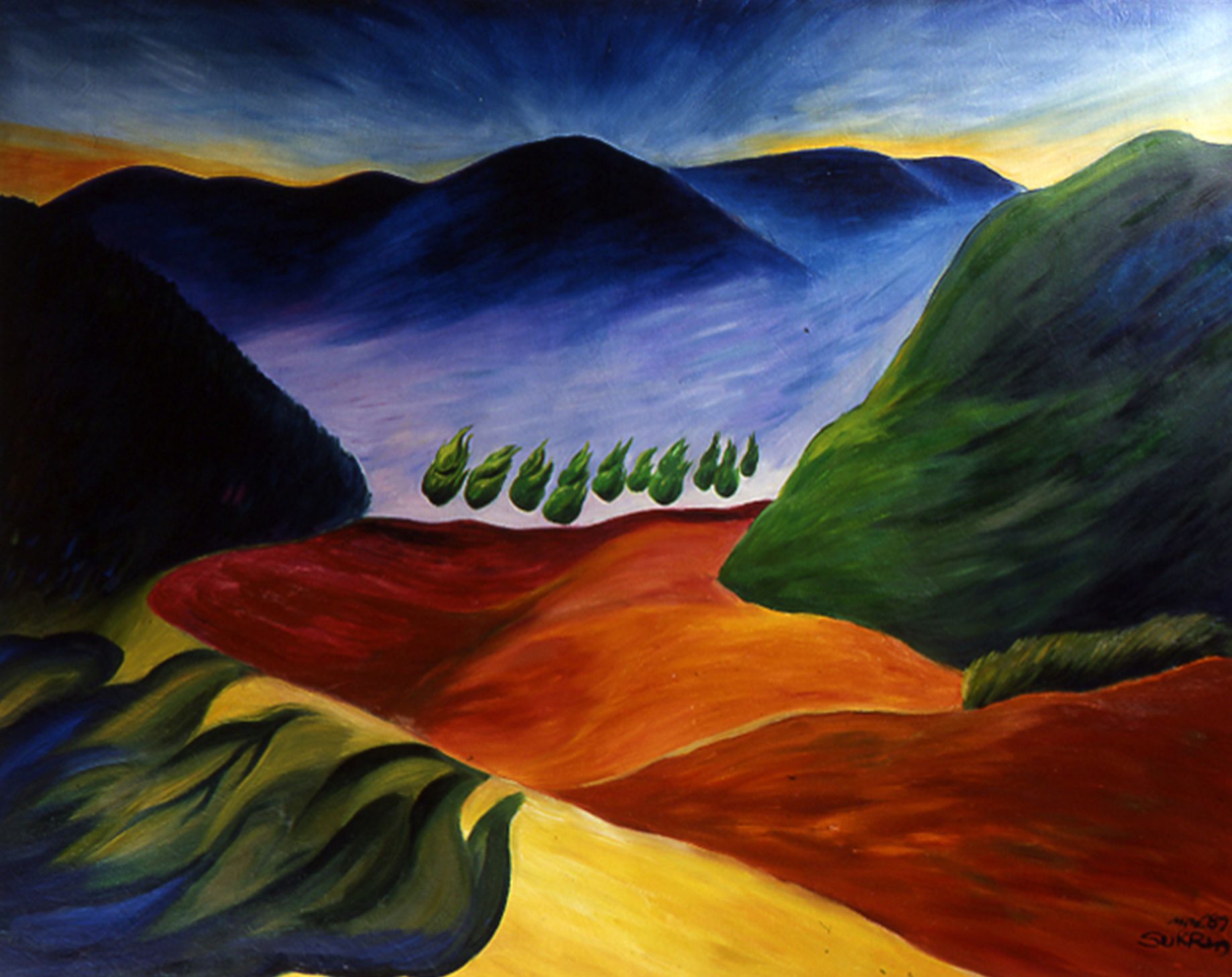 Colorful painted landscape with winding red and yellow hills, dark mountains, blue sky, and a line of trees beside water