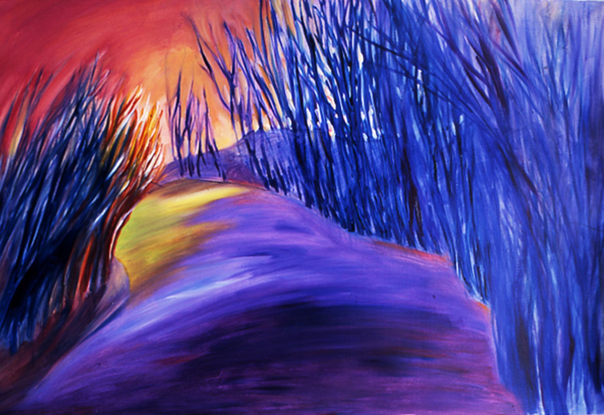 Abstract close-up of purple and blue fabric-like shapes with a warm orange glow in the background