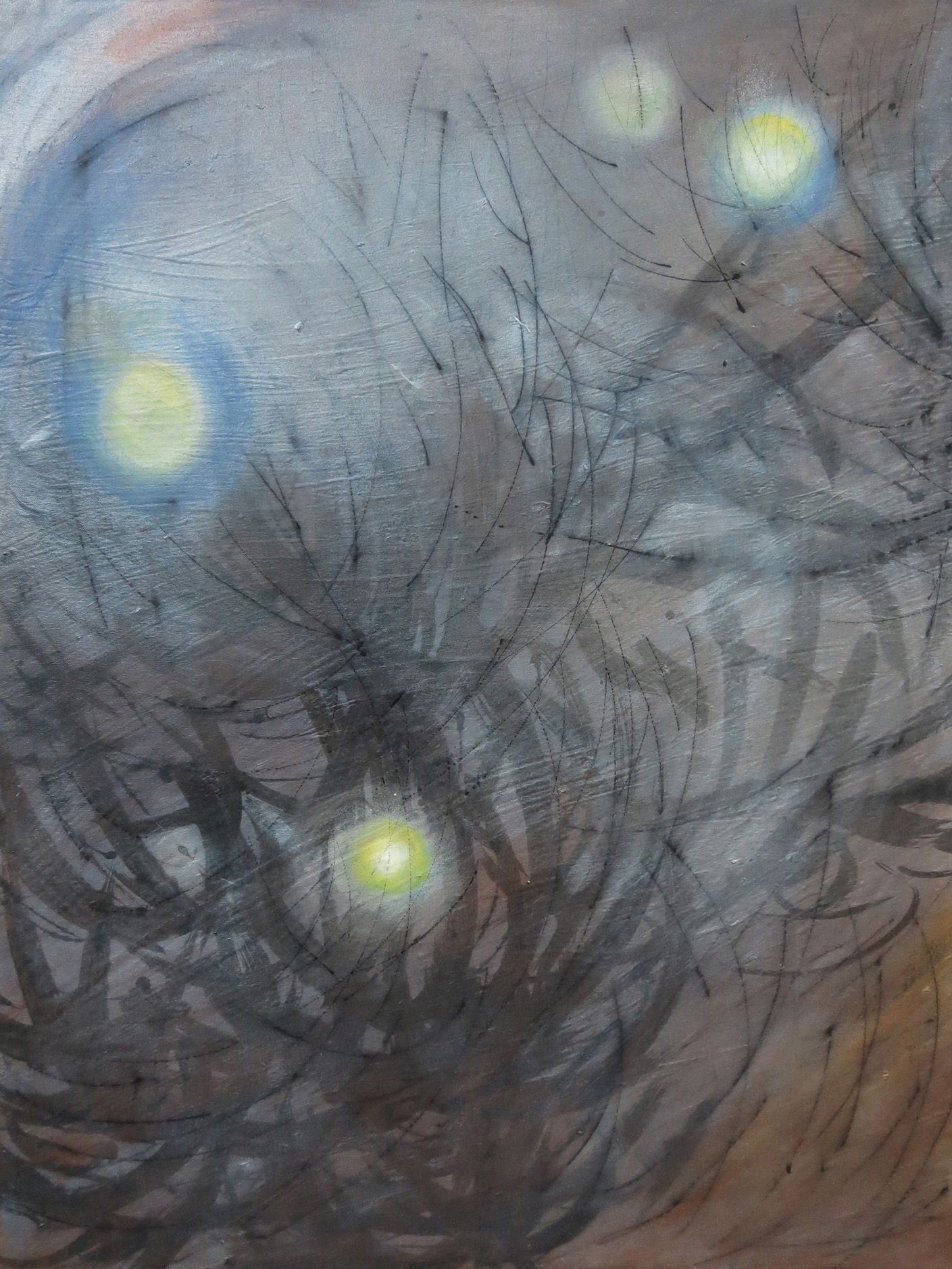 Abstract gray-blue artwork with dark tangled lines and glowing yellow-white dots