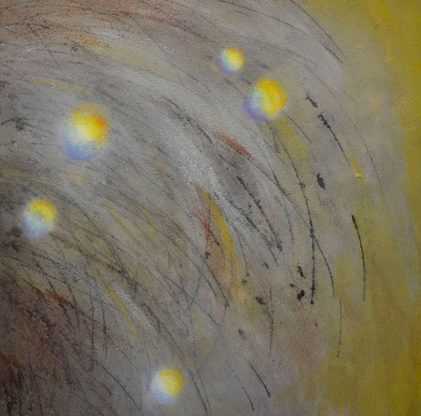 Abstract gray artwork with curved lines and five small glowing yellow-blue dots