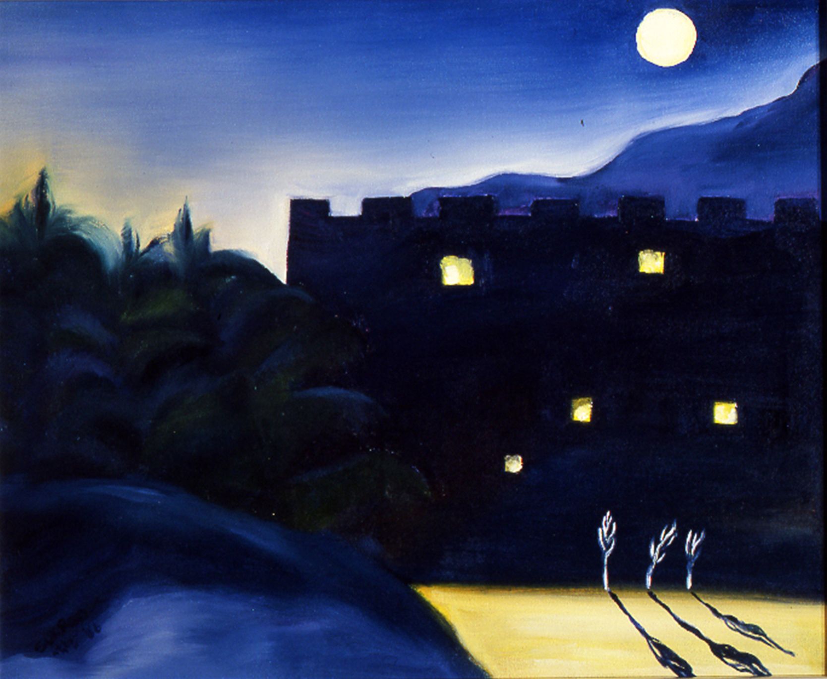 Moonlit night scene with a dark castle, glowing windows, palm trees, and a yellow-lit foreground