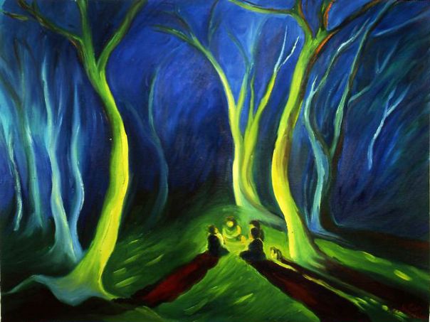 Moonlit forest with glowing green trees and two small figures walking along a dark path