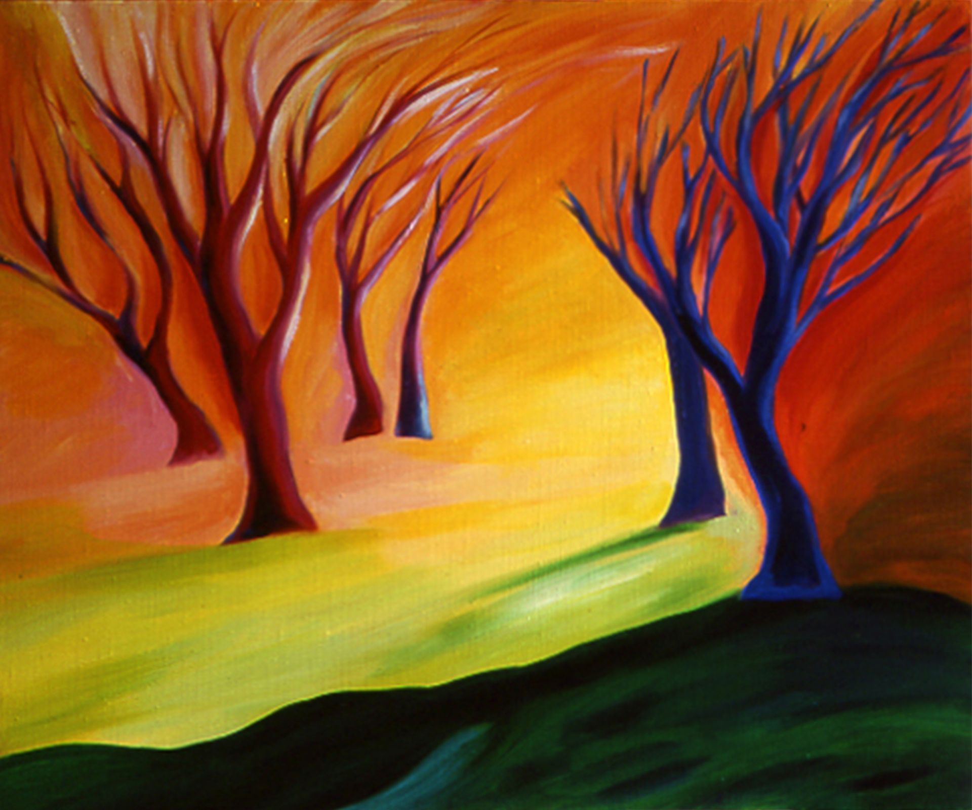 Colorful painting of silhouetted trees in an orange and yellow sunset landscape