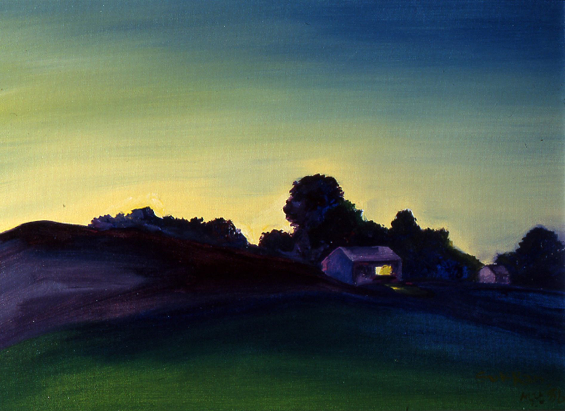 Twilight landscape with dark silhouetted trees, a small lit house, and a blue-green sky